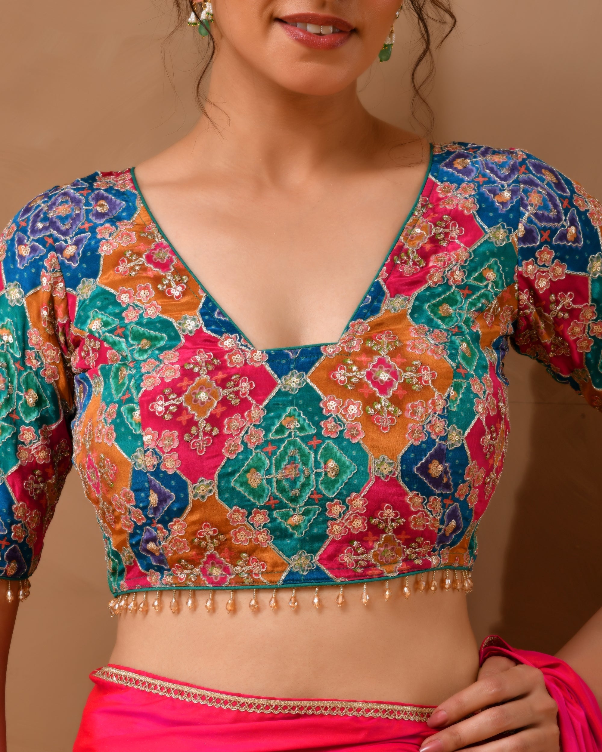 Amodini Designer Studio Women's Multicolored Zari Embroidered Glass Neck Blouse With Sleeves - Distacart