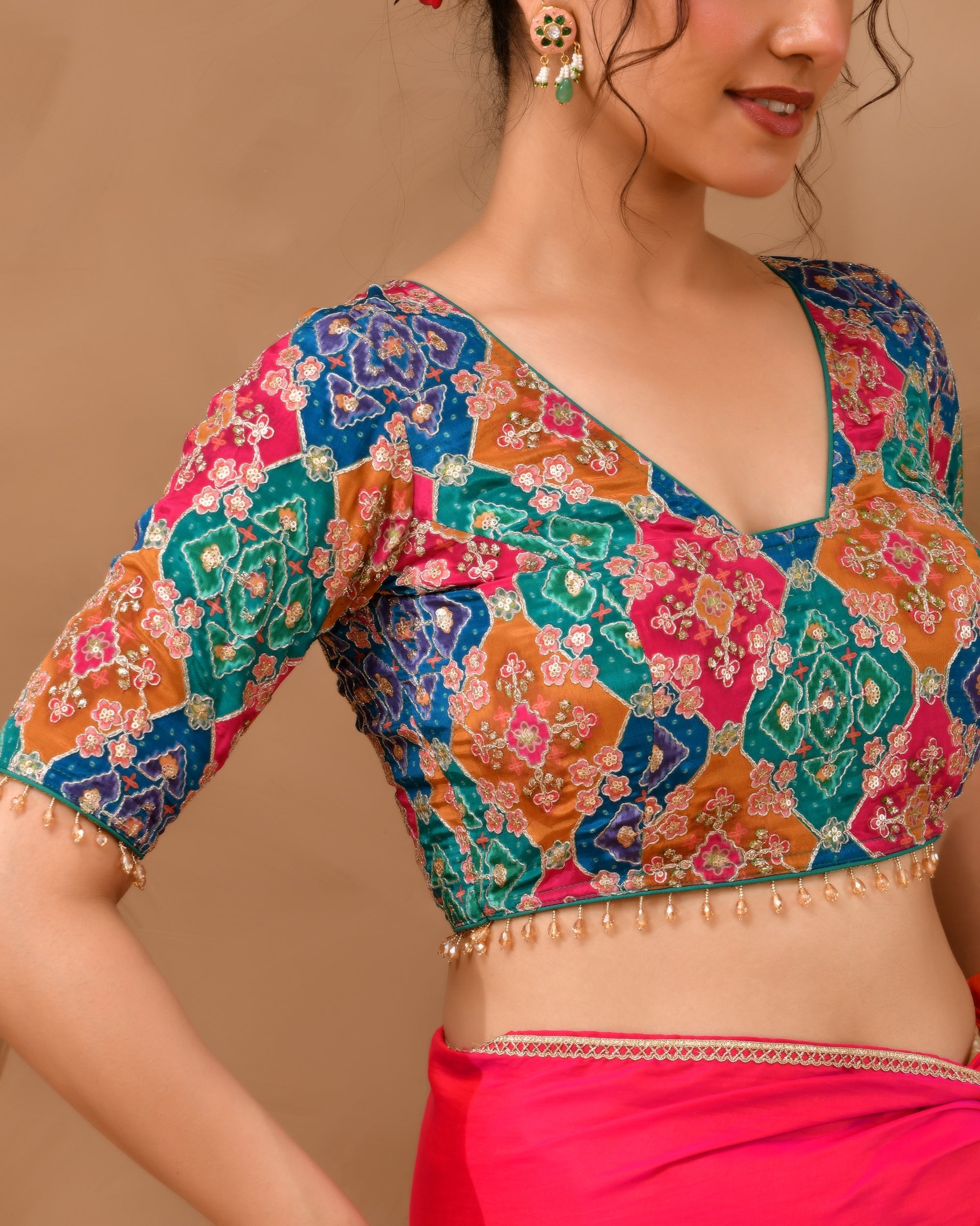Amodini Designer Studio Women's Multicolored Zari Embroidered Glass Neck Blouse With Sleeves - Distacart