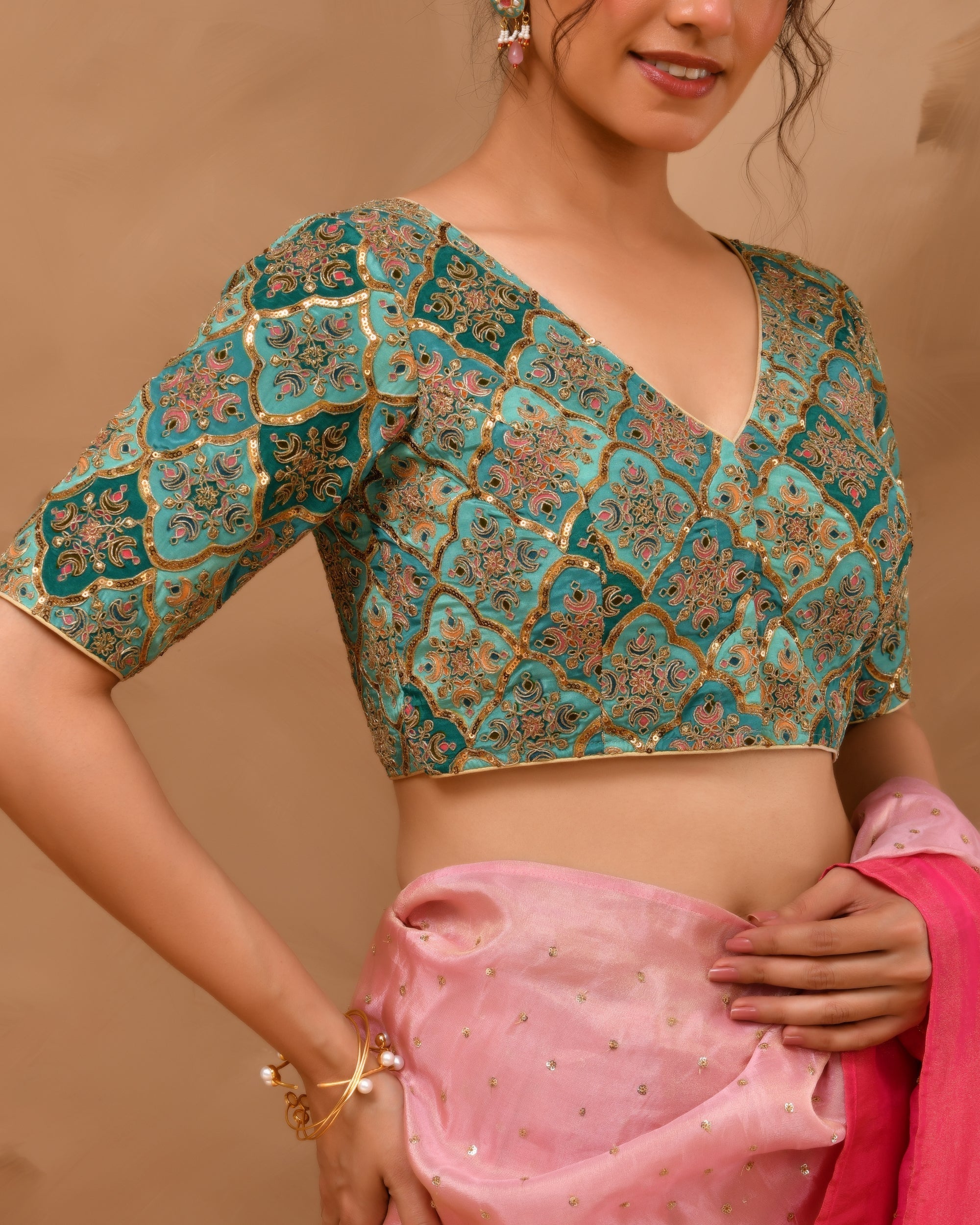 Amodini Designer Studio Women's Aqua Geometric Pattern Embroidered Blouse - Distacart