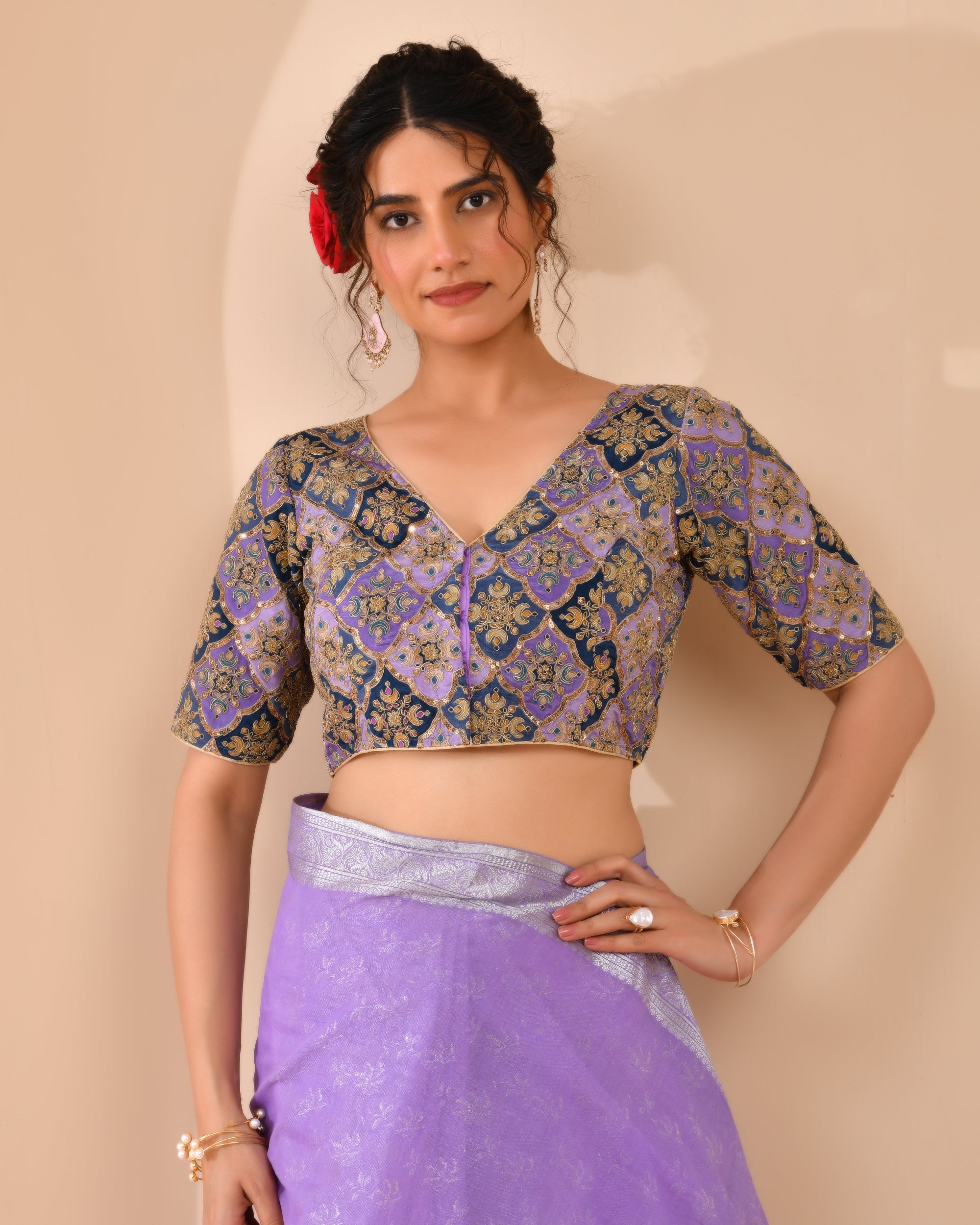 Amodini Designer Studio Women's Purple Geometric Pattern Embroidered Blouse - Distacart