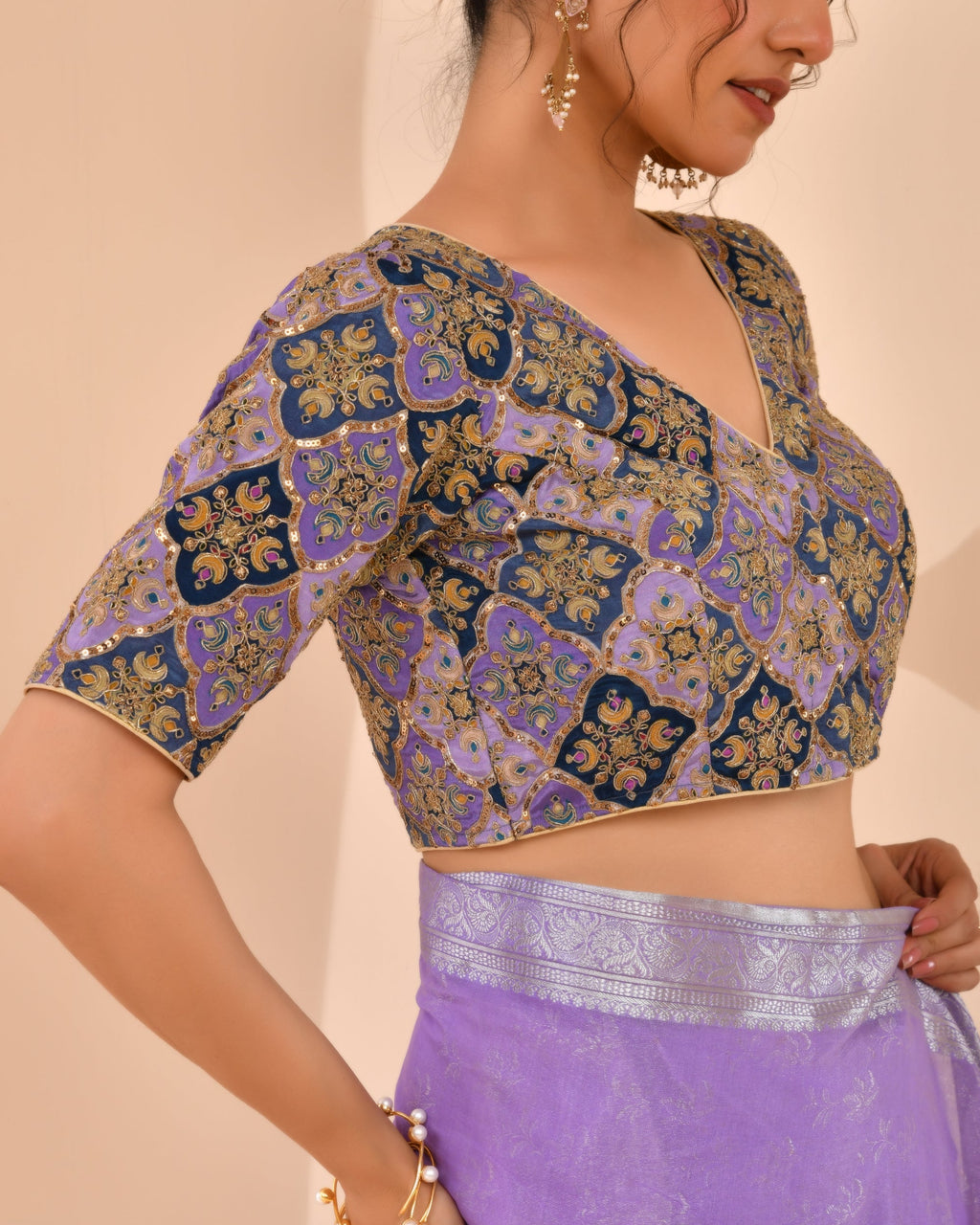 Amodini Designer Studio Women's Purple Geometric Pattern Embroidered Blouse - Distacart