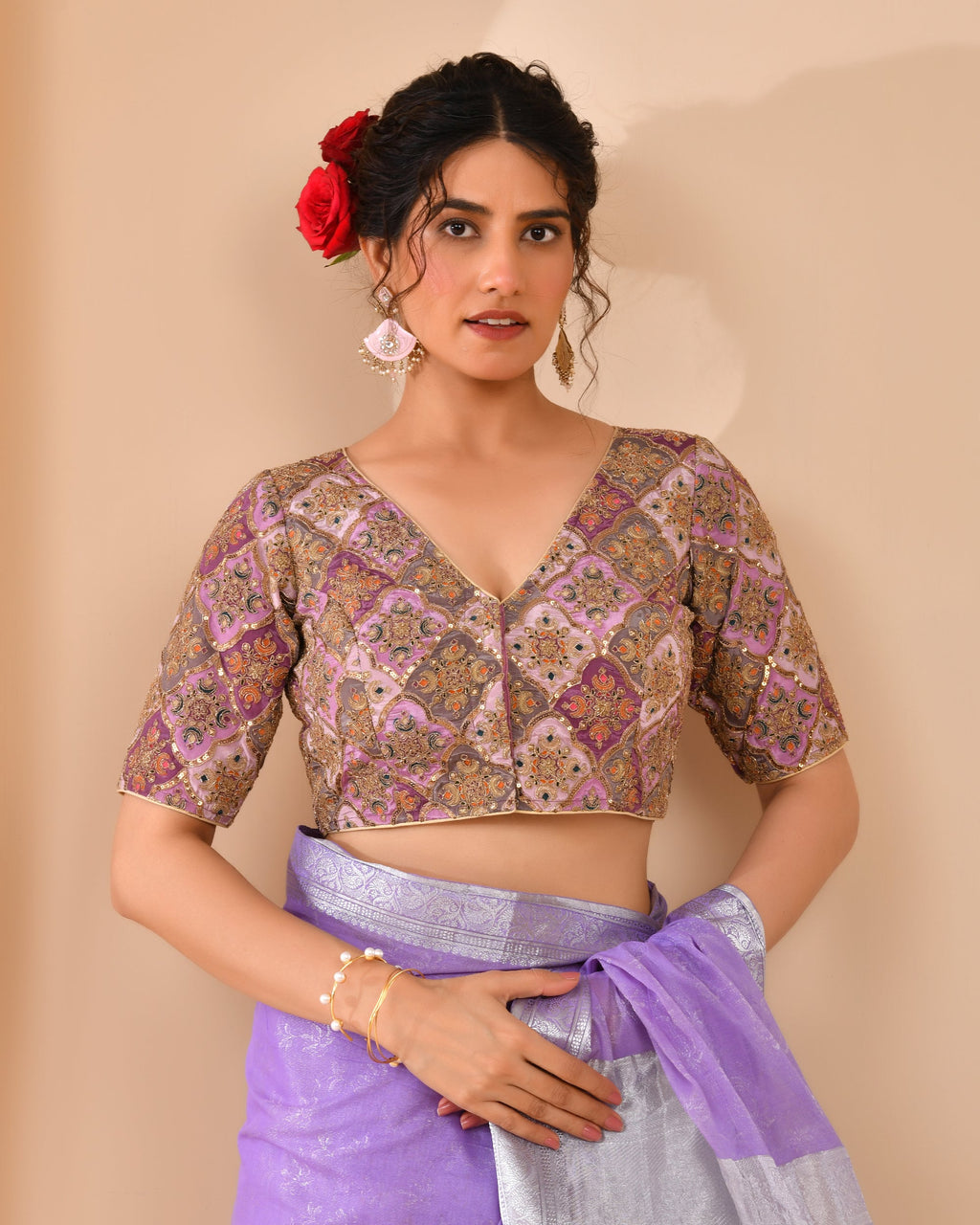 Amodini Designer Studio Women's Lavender Geometric Pattern Embroidered Blouse - Distacart