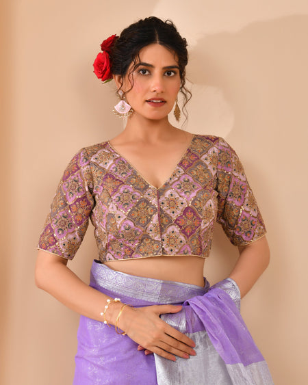 Amodini Designer Studio Women's Lavender Geometric Pattern Embroidered Blouse