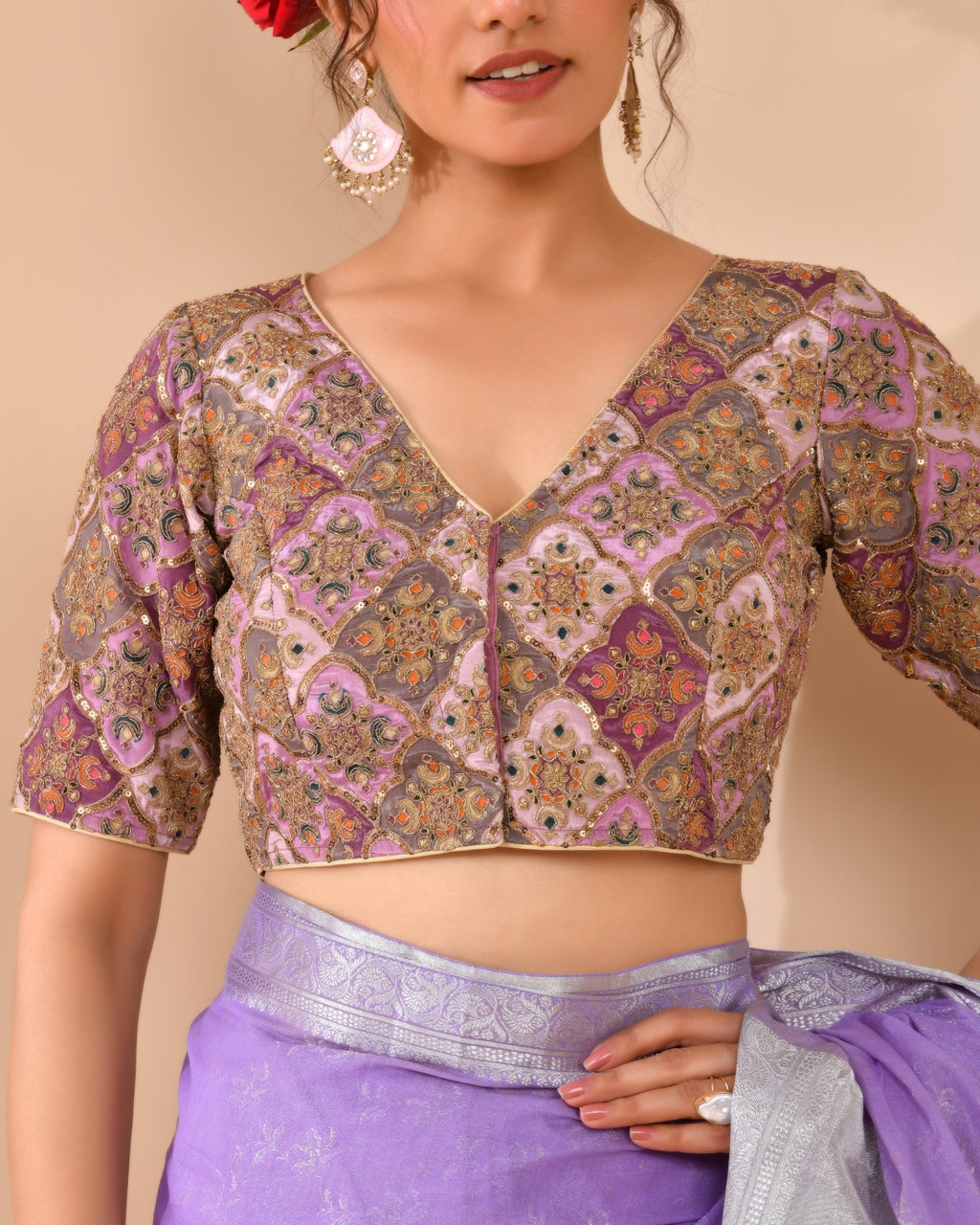 Amodini Designer Studio Women's Lavender Geometric Pattern Embroidered Blouse - Distacart