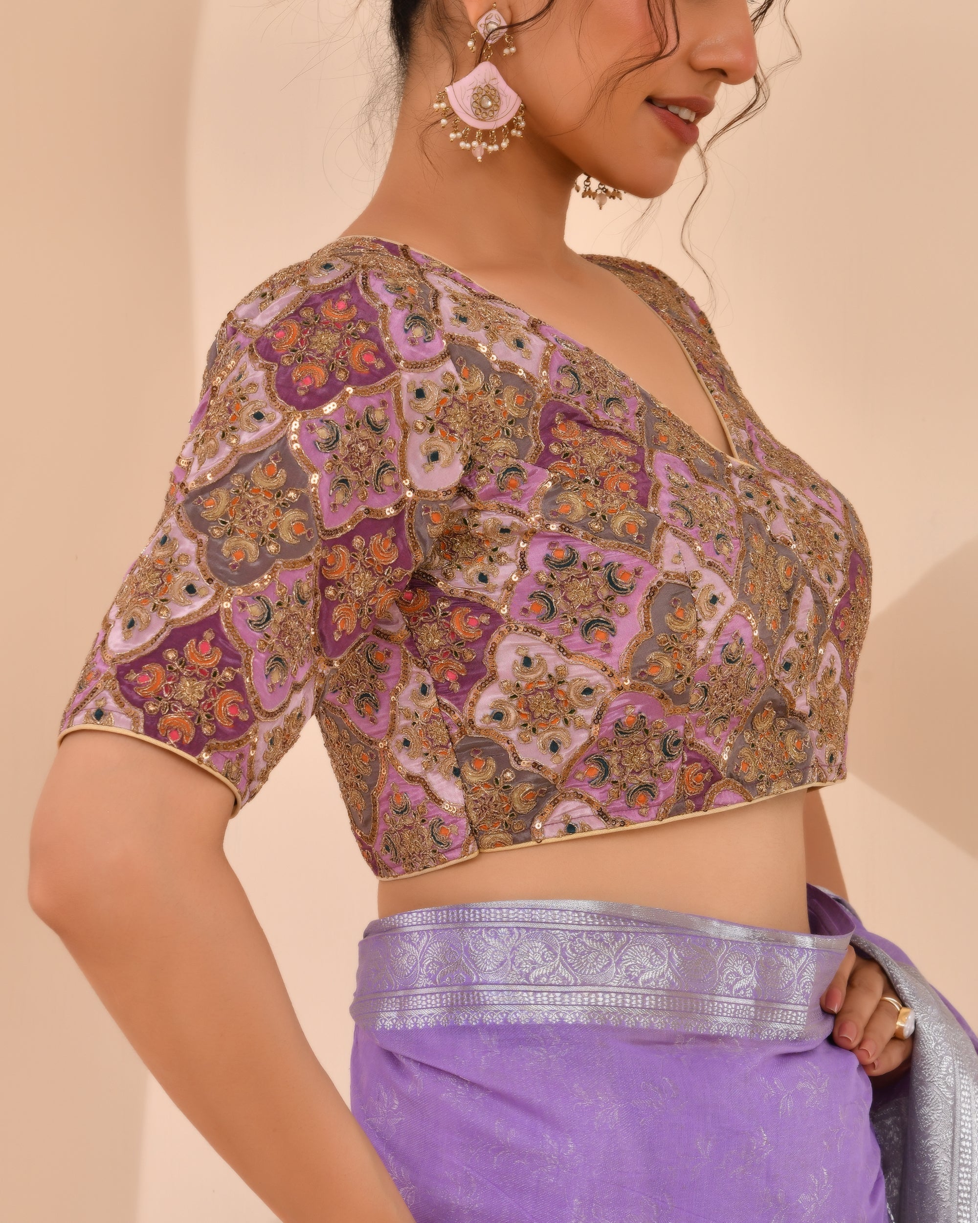 Amodini Designer Studio Women's Lavender Geometric Pattern Embroidered Blouse - Distacart