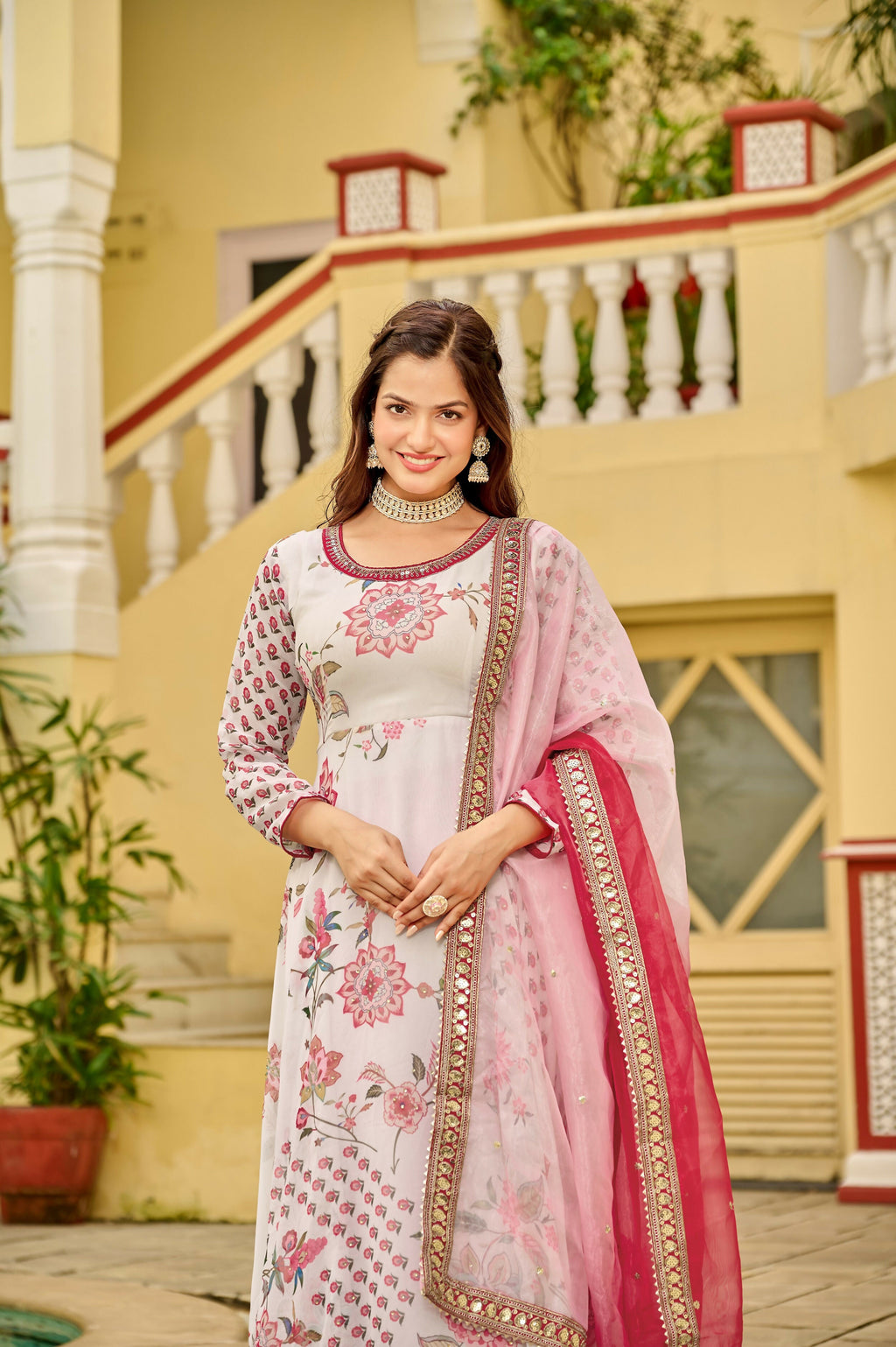 Joban Fashion Pink/white Kurta Set Georgette Embroidery Sequence Work - Distacart