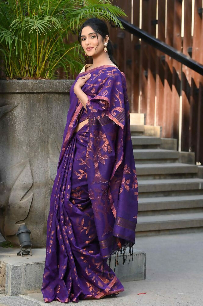 Beatitude Purple Cotton Floral Jamdani Saree