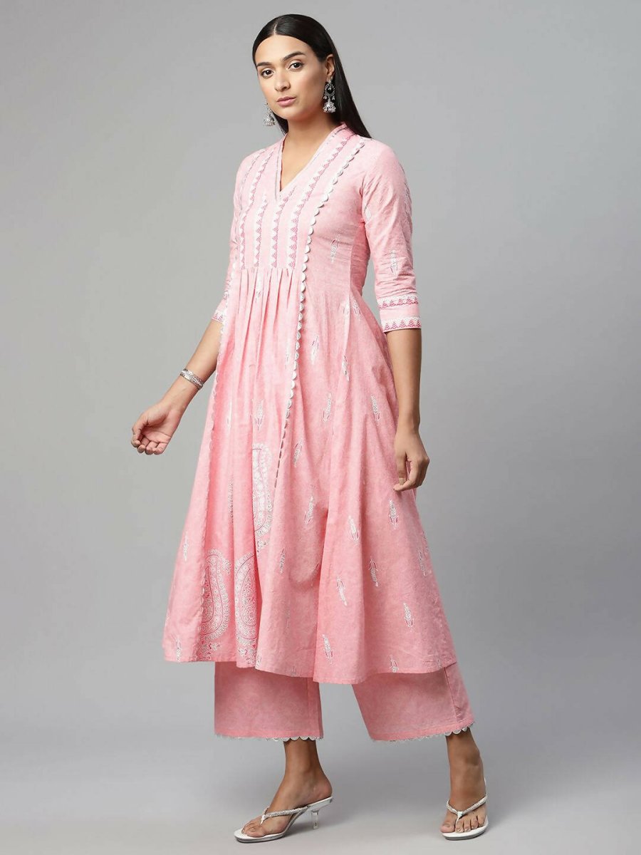 Ahalyaa Womens Pink Pure Cotton Printed Kurta Palazzo Set - Distacart