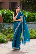 Vastranavya Teal Embroidery Work Shimmer Chiffon Saree with Unstitched Blouse - Distacart