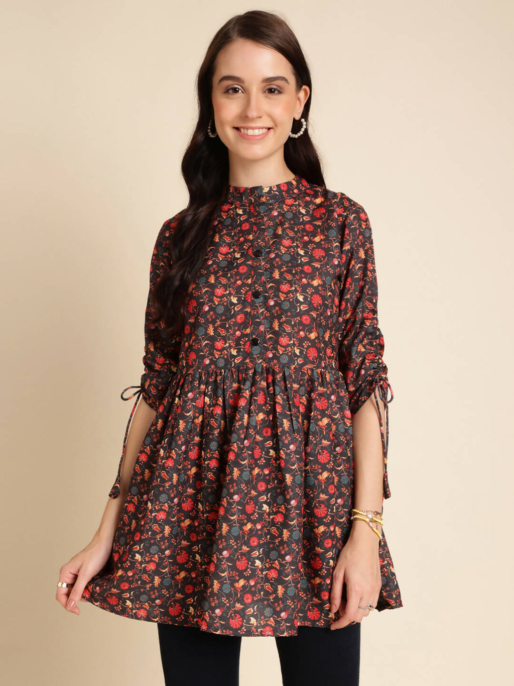 Black Poly Rayon Digital Printed A-line Top - Tarini