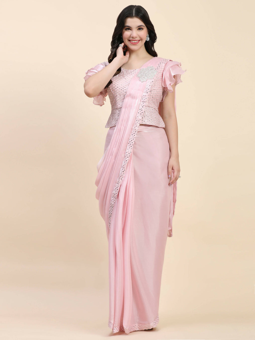Pink Silk Satin Sequence Work Ready to Wear Saree with stitched Blouse - Nirvana