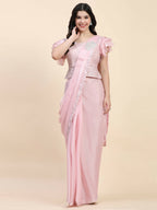 Pink Silk Satin Sequence Work Ready to Wear Saree with stitched Blouse - Nirvana
