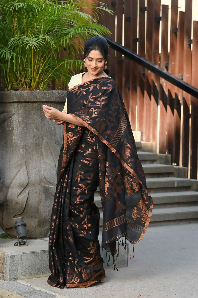 Beatitude Black Cotton Floral Jamdani Saree