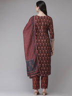 Yufta Women Maroon Floral Printed Regular Kurta with Palazzo & With Dupatta
