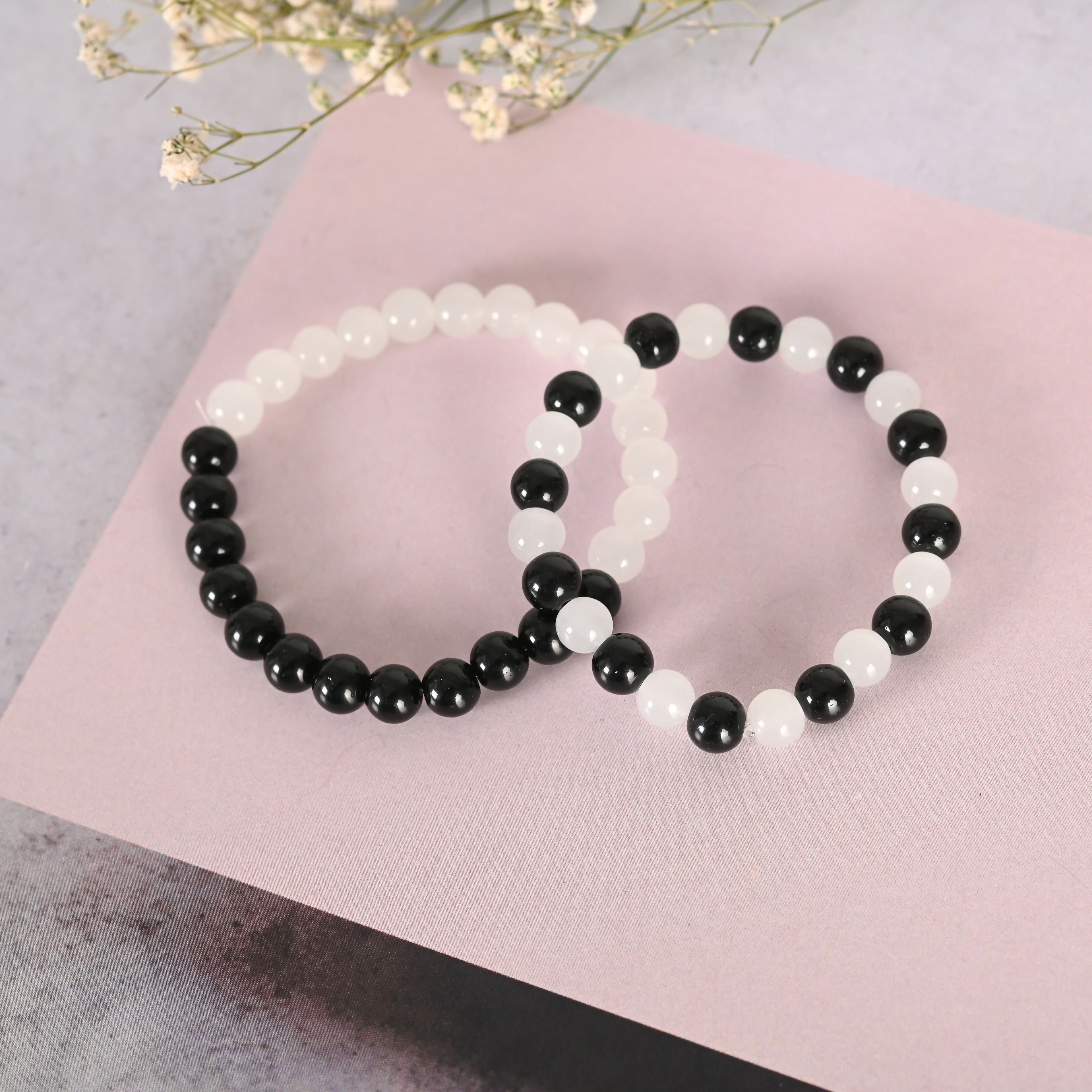 NVR Men & Women White & Black Marbel Crystal Elasticated Bracelet - Distacart