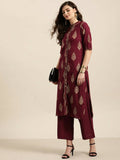 Women Maroon & Golden Pure Cotton Printed Kurta with Palazzos - Vishwa