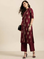 Women Maroon & Golden Pure Cotton Printed Kurta with Palazzos - Vishwa