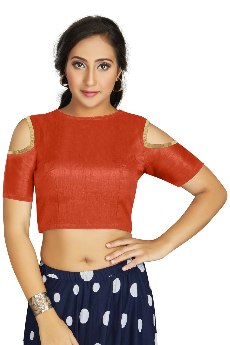 Aastha Fashion Women's Orange Art Silk Cold Shoulder Sleeve Readymade Blouse