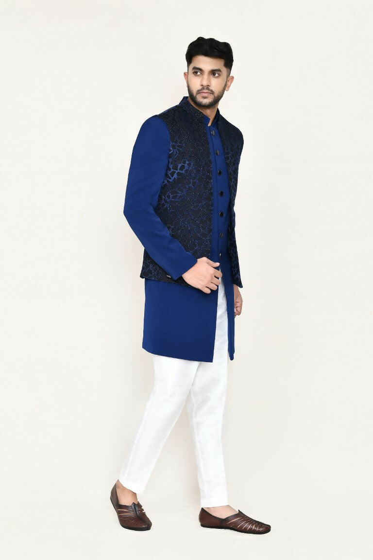 Joban Fashion Blue Colored Imported Jacquard Fabric Open Jacket, Indo Western With Straight Fit Pant