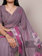 Vastranavya Grey Weightless Marble and Floral Printed Georgette Saree with Unstitched Blouse - Distacart