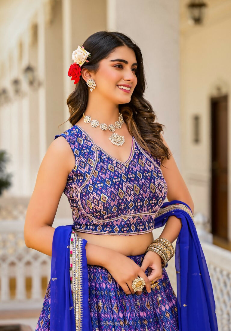 Wedding Partywear Royal Blue Slim Georgette Lehengha Choli With Dupata - Agnidhara
