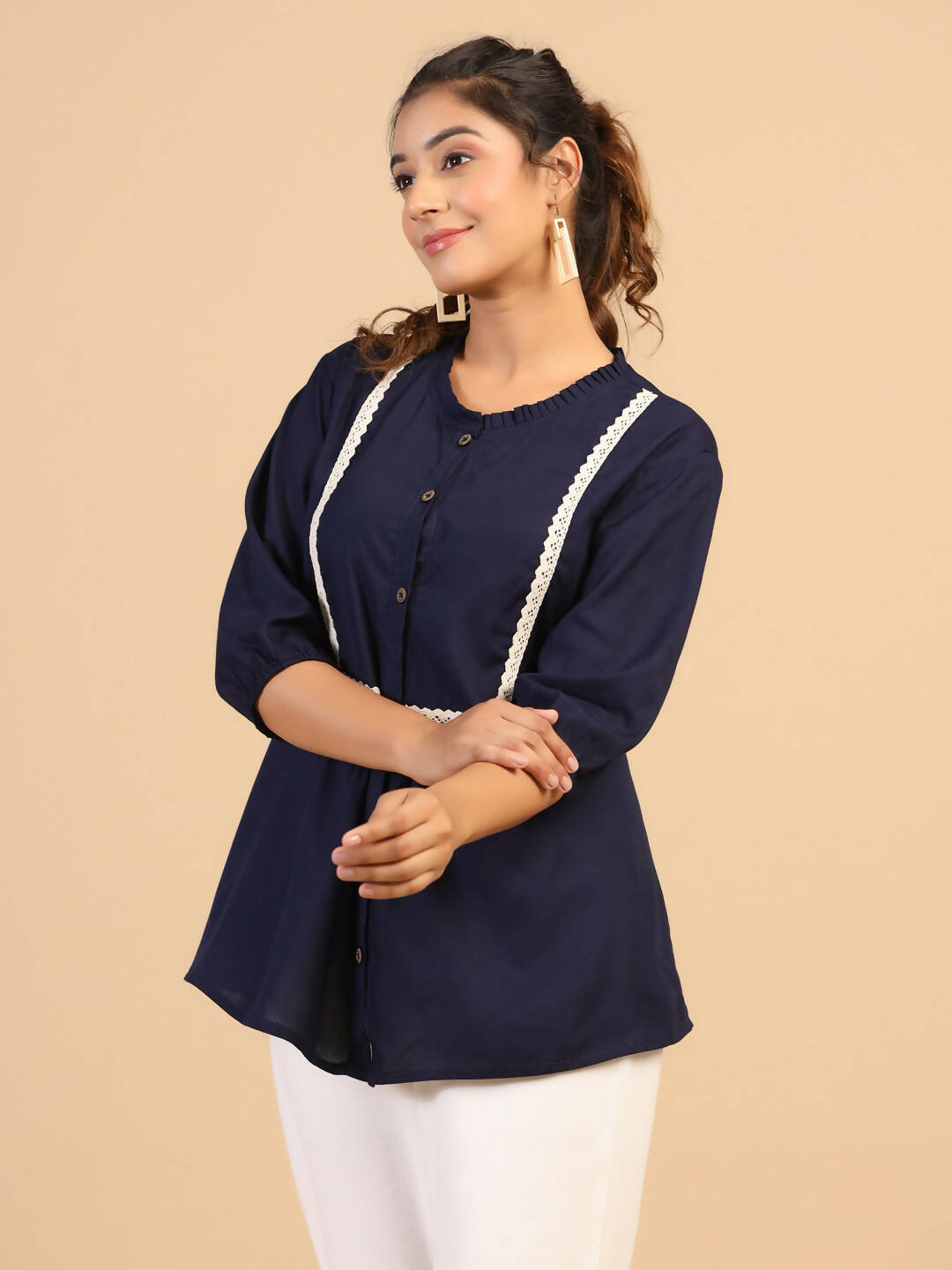 Womens Dark Blue Rayon Solid Top - Keeva