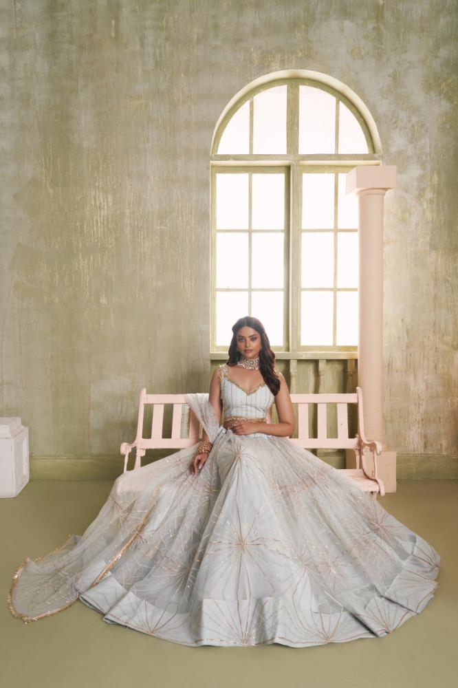 Aastha Fashion Light Gray Butterfly Net Tone To Tone Cotton Thread Work And Sequence Work Embroidery Wedding Wear Lehenga Choli - Distacart