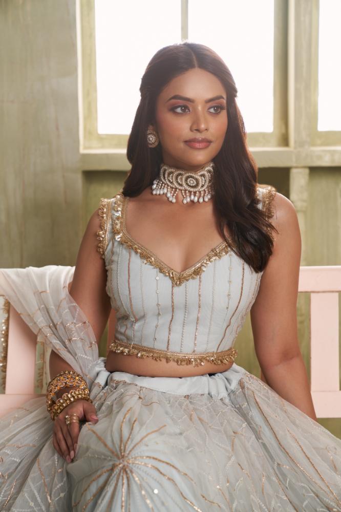 Aastha Fashion Light Gray Butterfly Net Tone To Tone Cotton Thread Work And Sequence Work Embroidery Wedding Wear Lehenga Choli - Distacart