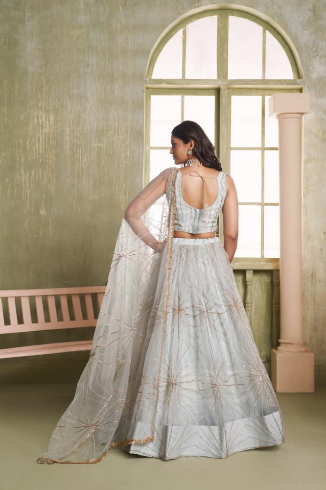 Aastha Fashion Light Gray Butterfly Net Tone To Tone Cotton Thread Work And Sequence Work Embroidery Wedding Wear Lehenga Choli - Distacart