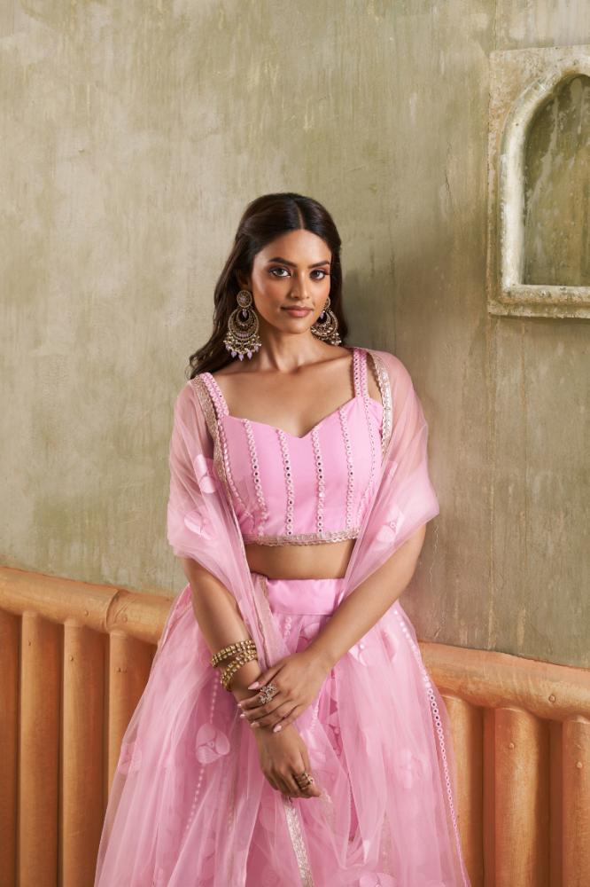 Aastha Fashion Pink Butterfly Net Tone To Tone Cotton Thread Work And Sequence Work Embroidery Wedding Wear Lehenga Choli - Distacart