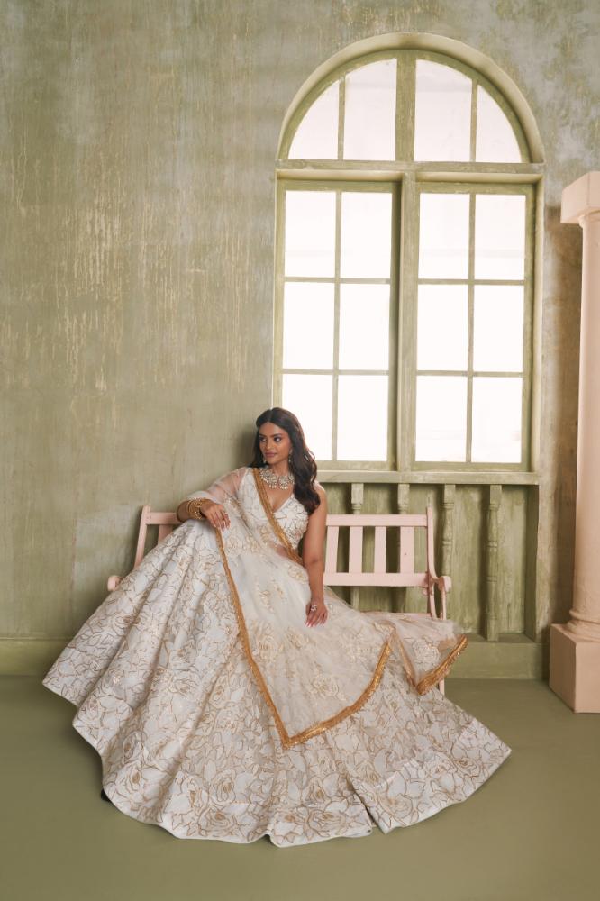 Aastha Fashion White Butterfly Net White Cotton Thread Work And Sequence Work Embroidery Wedding Wear Lehenga Choli - Distacart