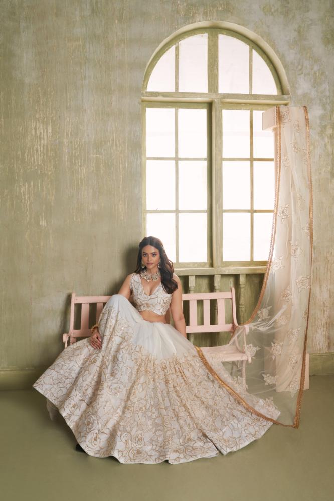 Aastha Fashion White Butterfly Net White Cotton Thread Work And Sequence Work Embroidery Wedding Wear Lehenga Choli - Distacart