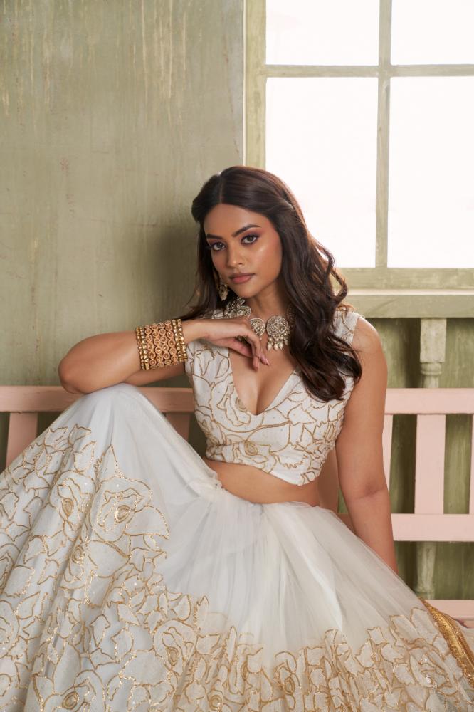Aastha Fashion White Butterfly Net White Cotton Thread Work And Sequence Work Embroidery Wedding Wear Lehenga Choli - Distacart