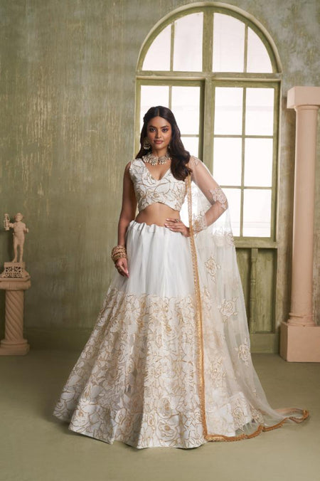 Aastha Fashion White Butterfly Net White Cotton Thread Work And Sequence Work Embroidery Wedding Wear Lehenga Choli
