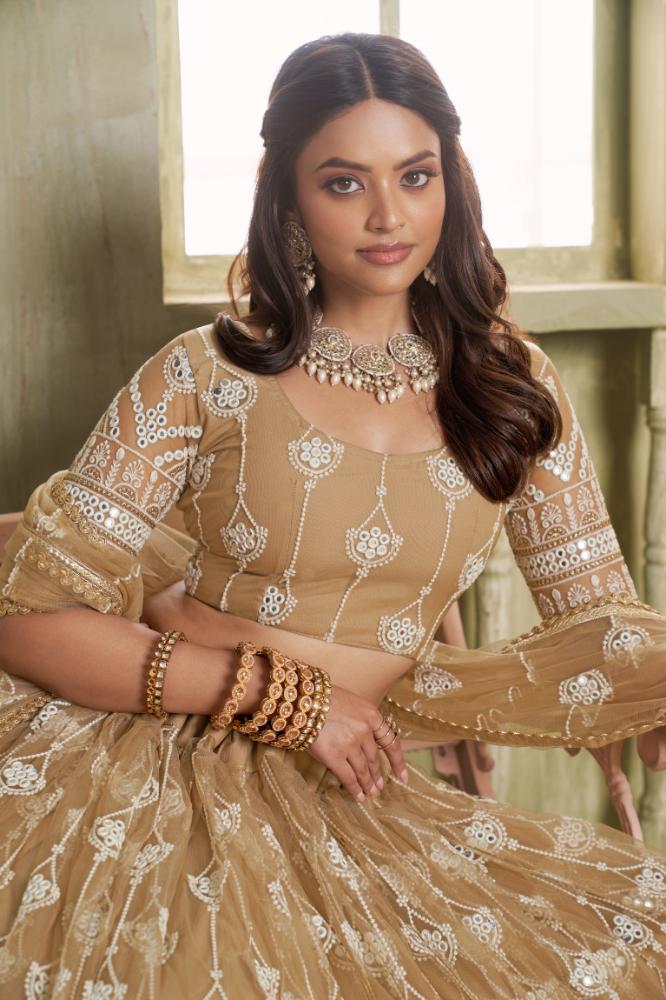 Aastha Fashion Chiku Butterfly Net White Cotton Thread Work And Sequence Work Embroidery Wedding Wear Lehenga Choli - Distacart