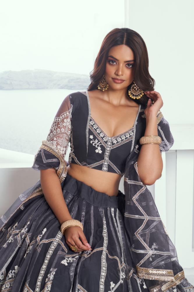 Aastha Fashion Dark Gray Butterfly Net White Cotton Thread Work And Sequence Work Embroidery Wedding Wear Lehenga Choli - Distacart