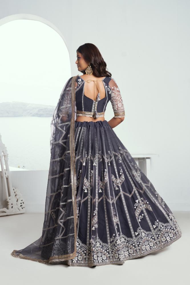 Aastha Fashion Dark Gray Butterfly Net White Cotton Thread Work And Sequence Work Embroidery Wedding Wear Lehenga Choli - Distacart