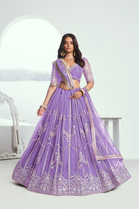 Aastha Fashion Lavender Butterfly Net White Cotton Thread Work And Sequence Work Embroidery Wedding Wear Lehenga Choli