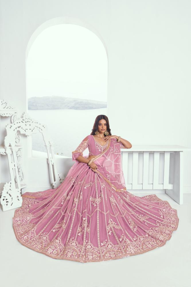 Aastha Fashion Pink Butterfly Net White Cotton Thread Work And Sequence Work Embroidery Wedding Wear Lehenga Choli - Distacart
