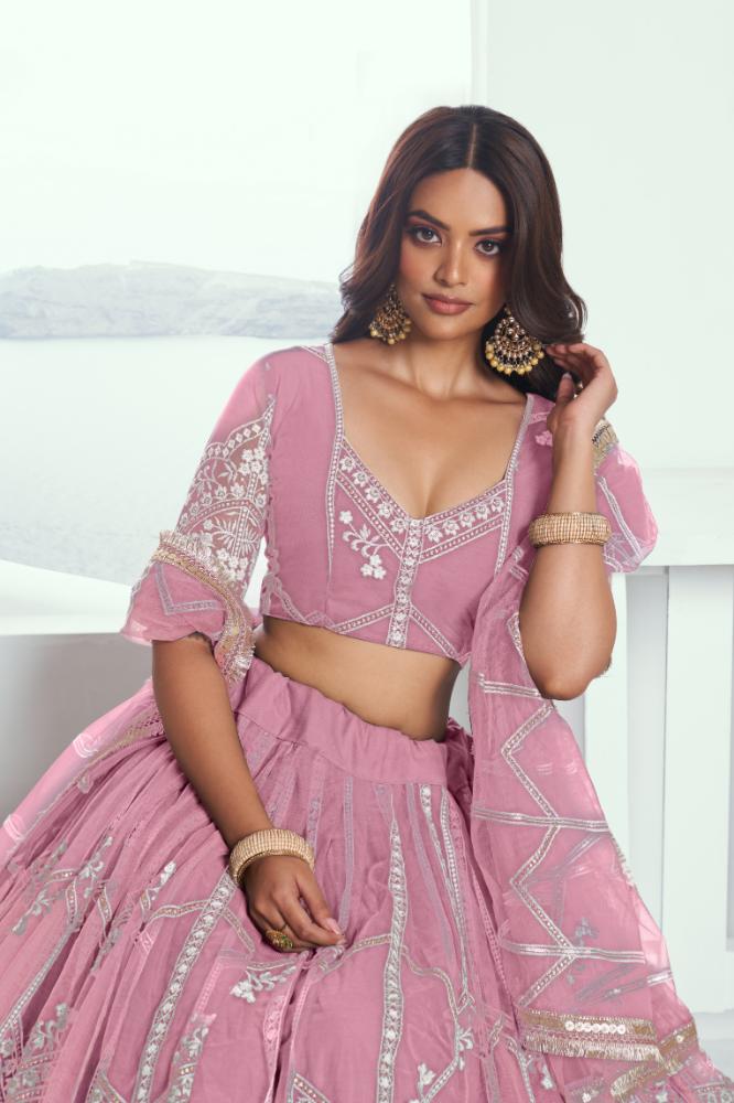 Aastha Fashion Pink Butterfly Net White Cotton Thread Work And Sequence Work Embroidery Wedding Wear Lehenga Choli - Distacart