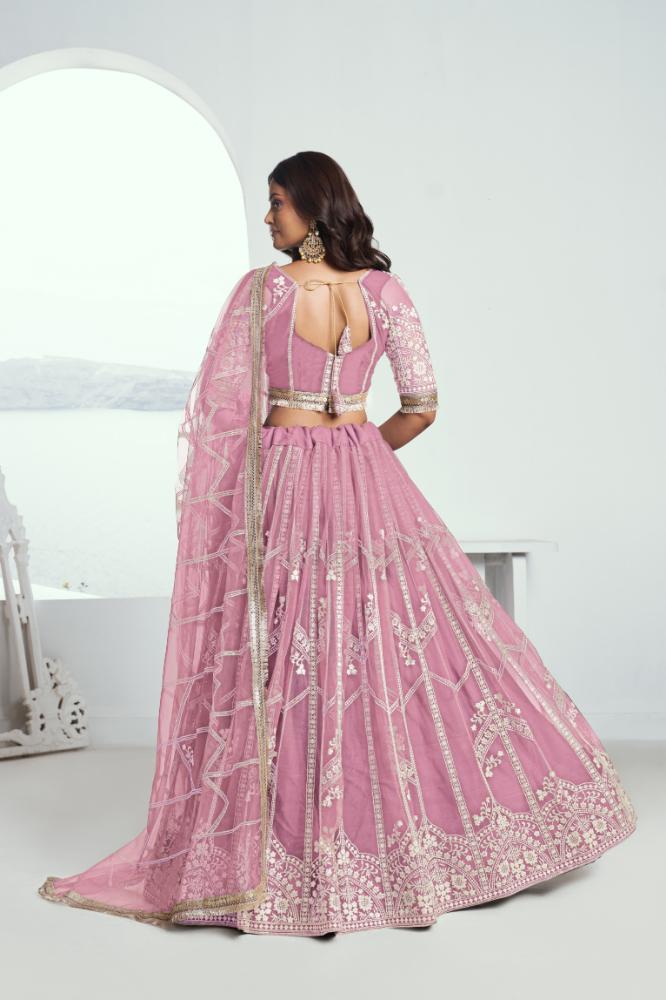 Aastha Fashion Pink Butterfly Net White Cotton Thread Work And Sequence Work Embroidery Wedding Wear Lehenga Choli - Distacart