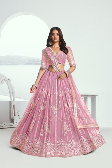 Aastha Fashion Pink Butterfly Net White Cotton Thread Work And Sequence Work Embroidery Wedding Wear Lehenga Choli
