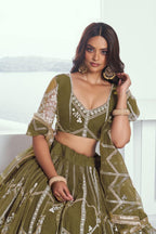 Aastha Fashion Mehandi Green Butterfly Net White Cotton Thread Work And Sequence Work Embroidery Wedding Wear Lehenga Choli - Distacart