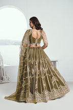 Aastha Fashion Mehandi Green Butterfly Net White Cotton Thread Work And Sequence Work Embroidery Wedding Wear Lehenga Choli - Distacart