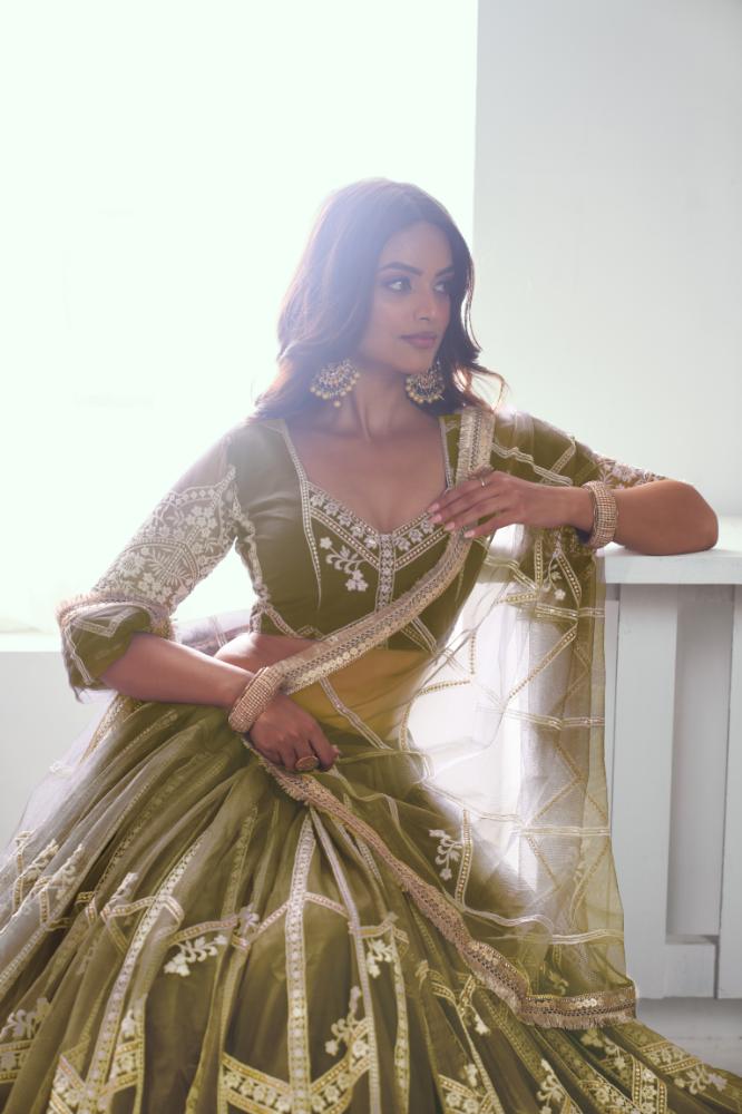 Aastha Fashion Mehandi Green Butterfly Net White Cotton Thread Work And Sequence Work Embroidery Wedding Wear Lehenga Choli - Distacart
