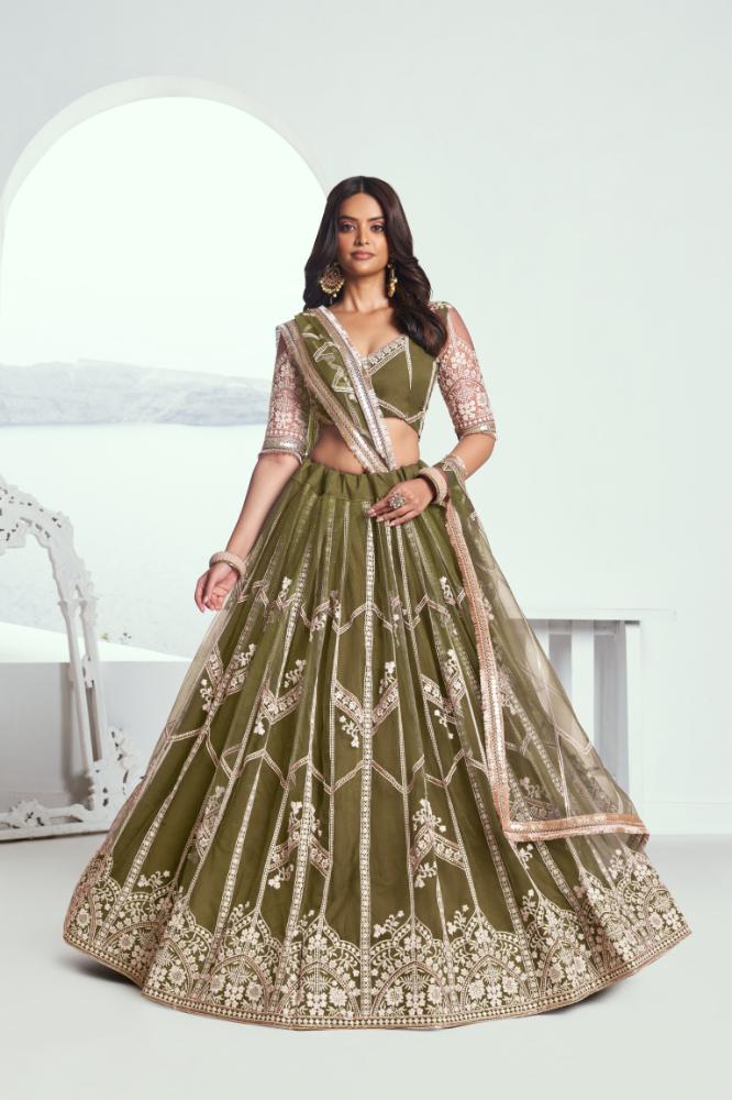 Aastha Fashion Mehandi Green Butterfly Net White Cotton Thread Work And Sequence Work Embroidery Wedding Wear Lehenga Choli - Distacart