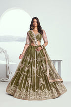 Aastha Fashion Mehandi Green Butterfly Net White Cotton Thread Work And Sequence Work Embroidery Wedding Wear Lehenga Choli - Distacart