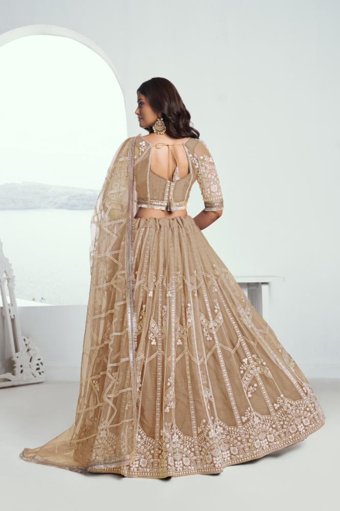 Aastha Fashion Chiku(Beige) Butterfly Net White Cotton Thread Work And Sequence Work Embroidery Wedding Wear Lehenga Choli - Distacart