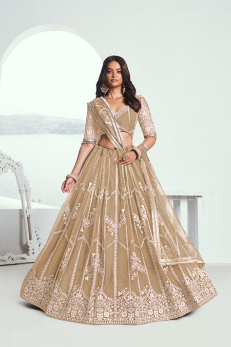 Aastha Fashion Chiku(Beige) Butterfly Net White Cotton Thread Work And Sequence Work Embroidery Wedding Wear Lehenga Choli