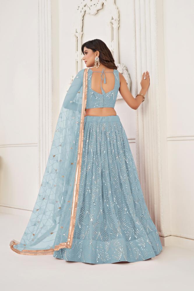 Aastha Fashion Sky Blue Butterfly Net Tone To Tone Cotton Thread Work With Sequence Work Embroidery Wedding Wear Lehenga Choli - Distacart